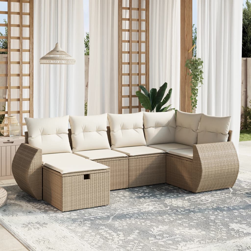 6-tlg. Garten-Sofagarnitur mit Kissen Beige Poly Rattan