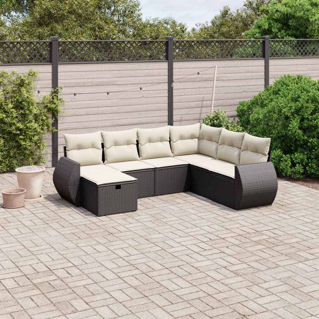 7-tlg. Garten-Sofagarnitur mit Kissen Schwarz Poly Rattan