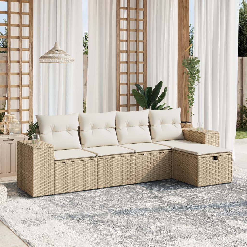 5-tlg. Garten-Sofagarnitur mit Kissen Beige Poly Rattan