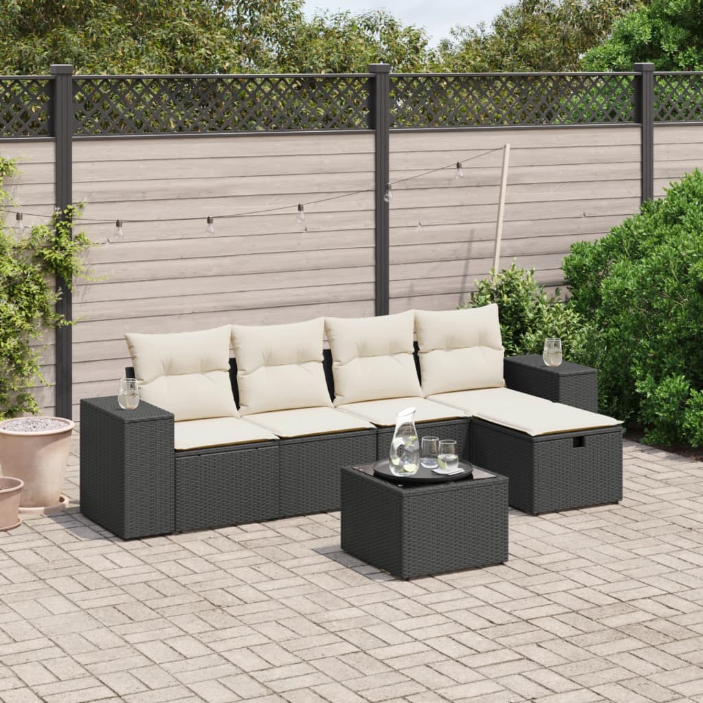 6-tlg. Garten-Sofagarnitur mit Kissen Schwarz Poly Rattan