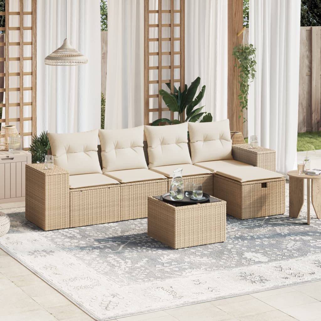 6-tlg. Garten-Sofagarnitur mit Kissen Beige Poly Rattan