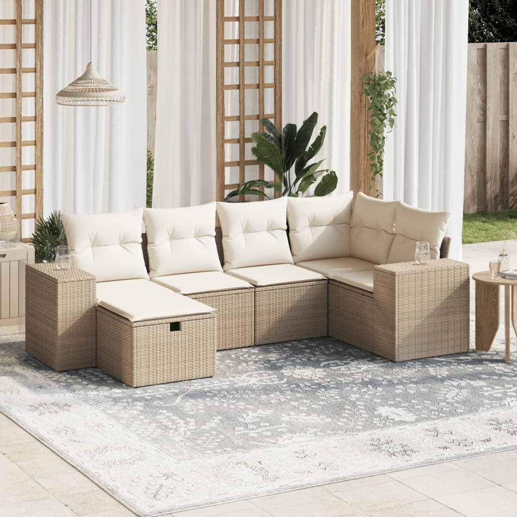 6-tlg. Garten-Sofagarnitur mit Kissen Beige Poly Rattan