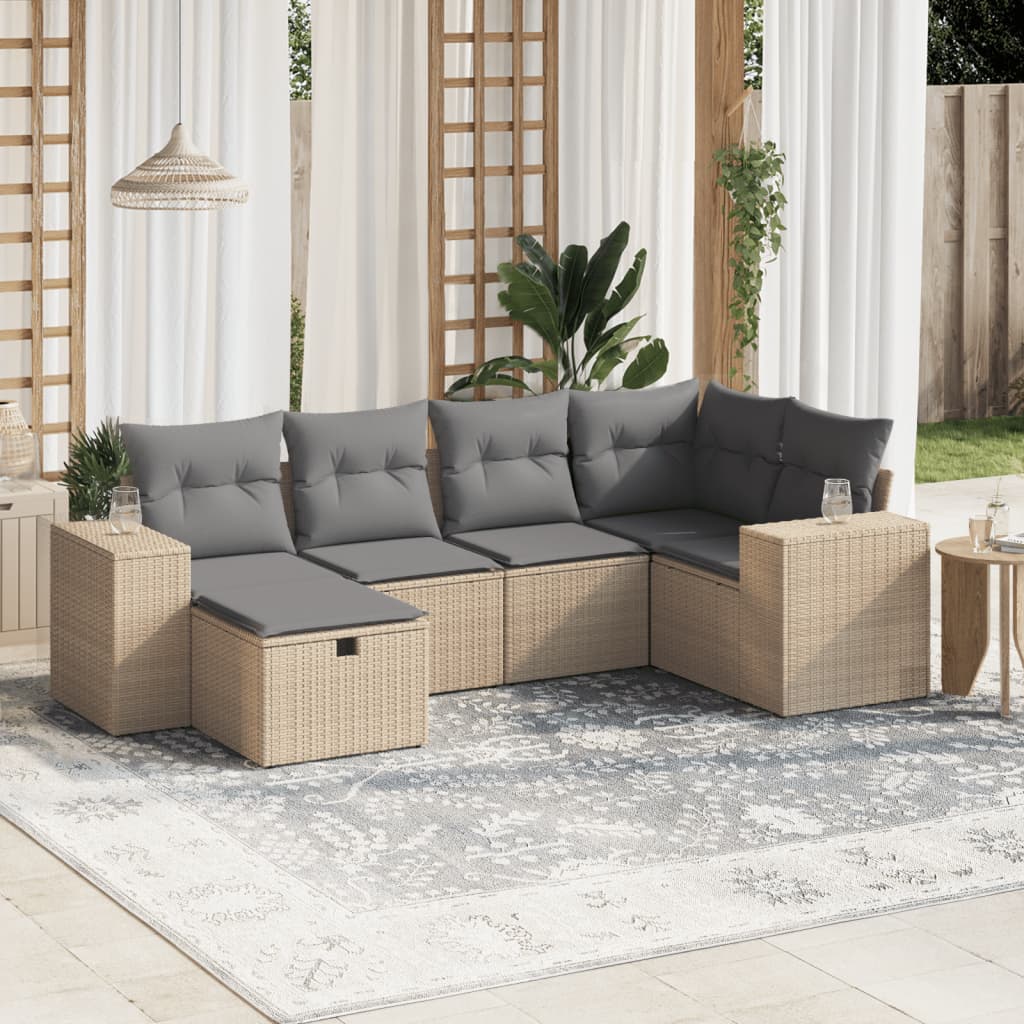 6-tlg. Garten-Sofagarnitur mit Kissen Beige Poly Rattan