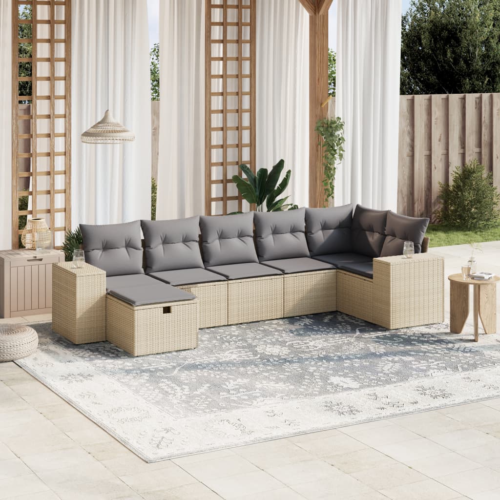 7-tlg. Garten-Sofagarnitur mit Kissen Beige Poly Rattan