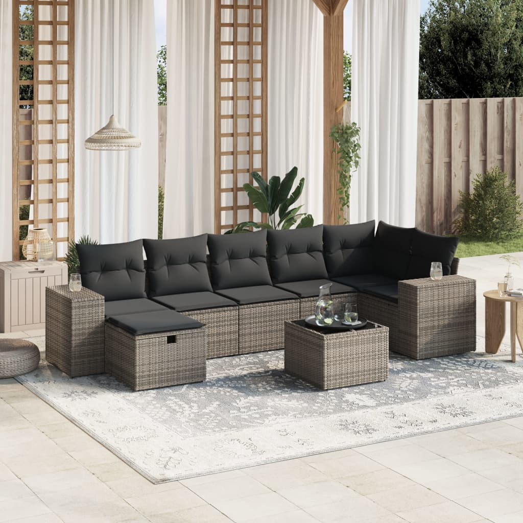 8-tlg. Garten-Sofagarnitur mit Kissen Grau Poly Rattan