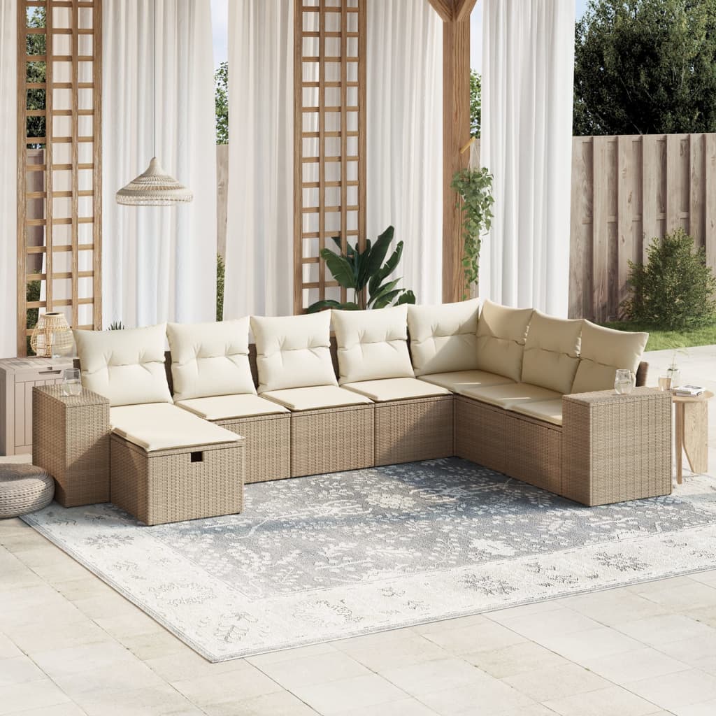 8-tlg. Garten-Sofagarnitur mit Kissen Beige Poly Rattan