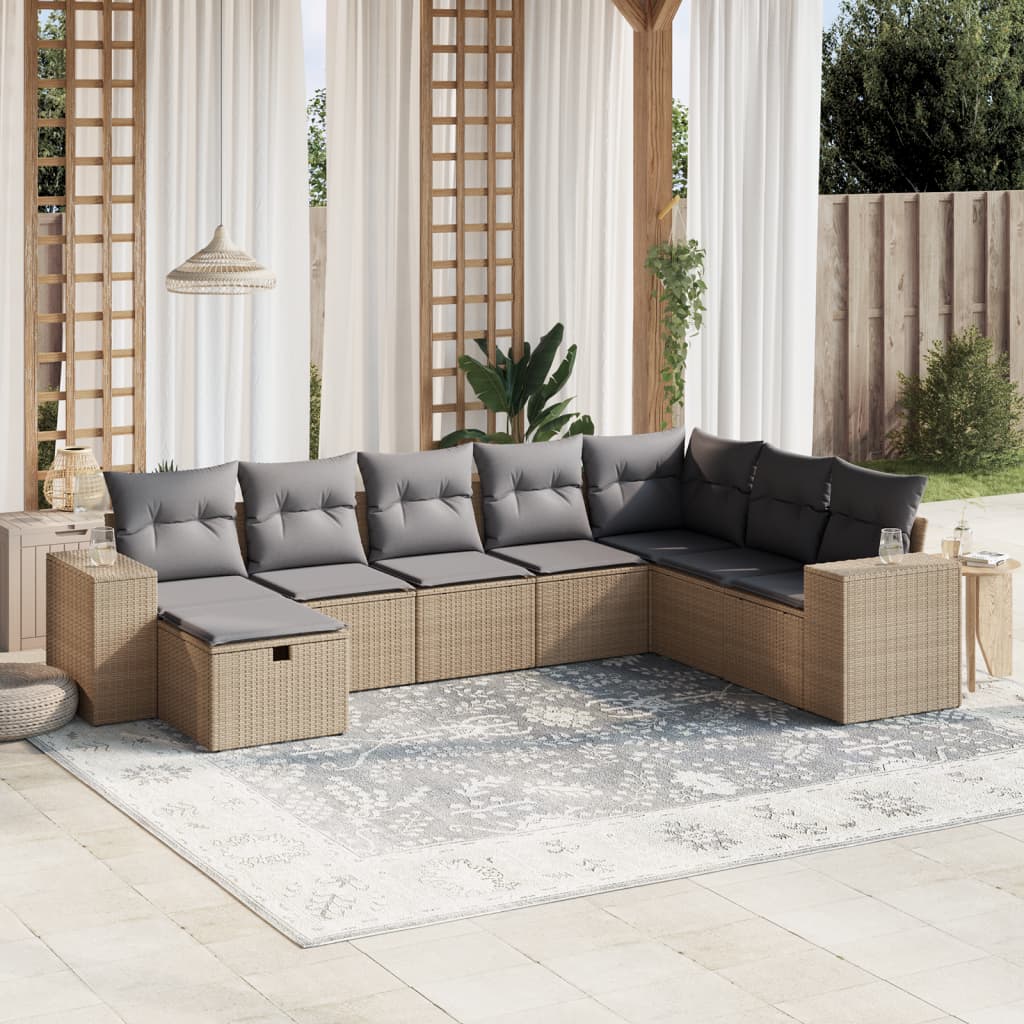 8-tlg. Garten-Sofagarnitur mit Kissen Beige Poly Rattan