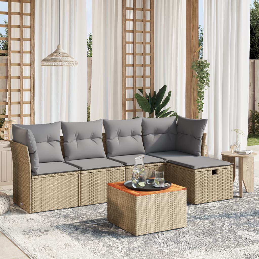 6-tlg. Garten-Sofagarnitur mit Kissen Beige Poly Rattan
