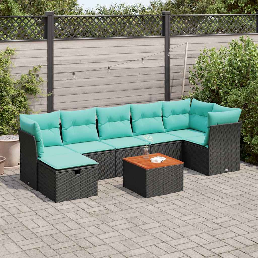 8-teiliges Gartensofa-Set mit Kissen, schwarzes Polyrattan
