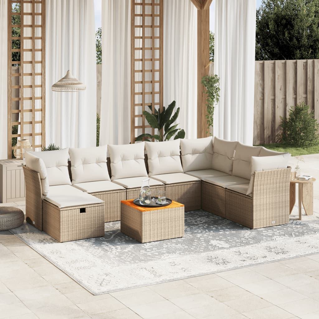 9-tlg. Garten-Sofagarnitur mit Kissen Beige Poly Rattan