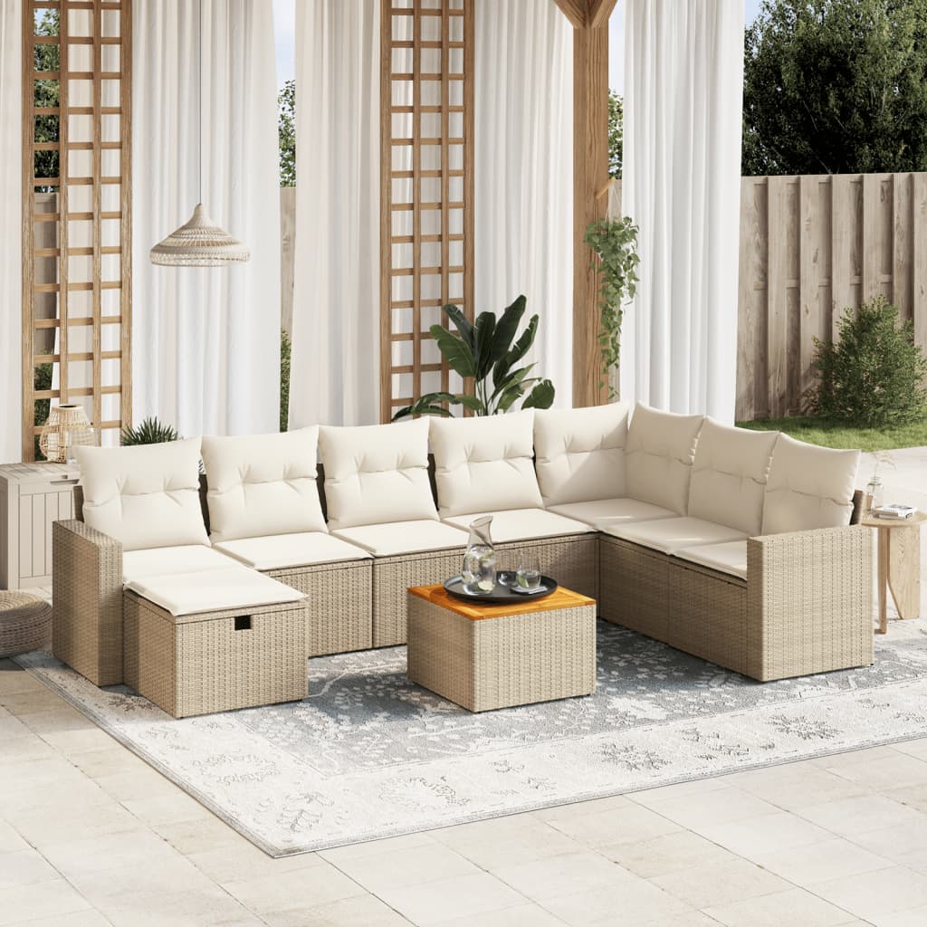 9-tlg. Garten-Sofagarnitur mit Kissen Beige Poly Rattan