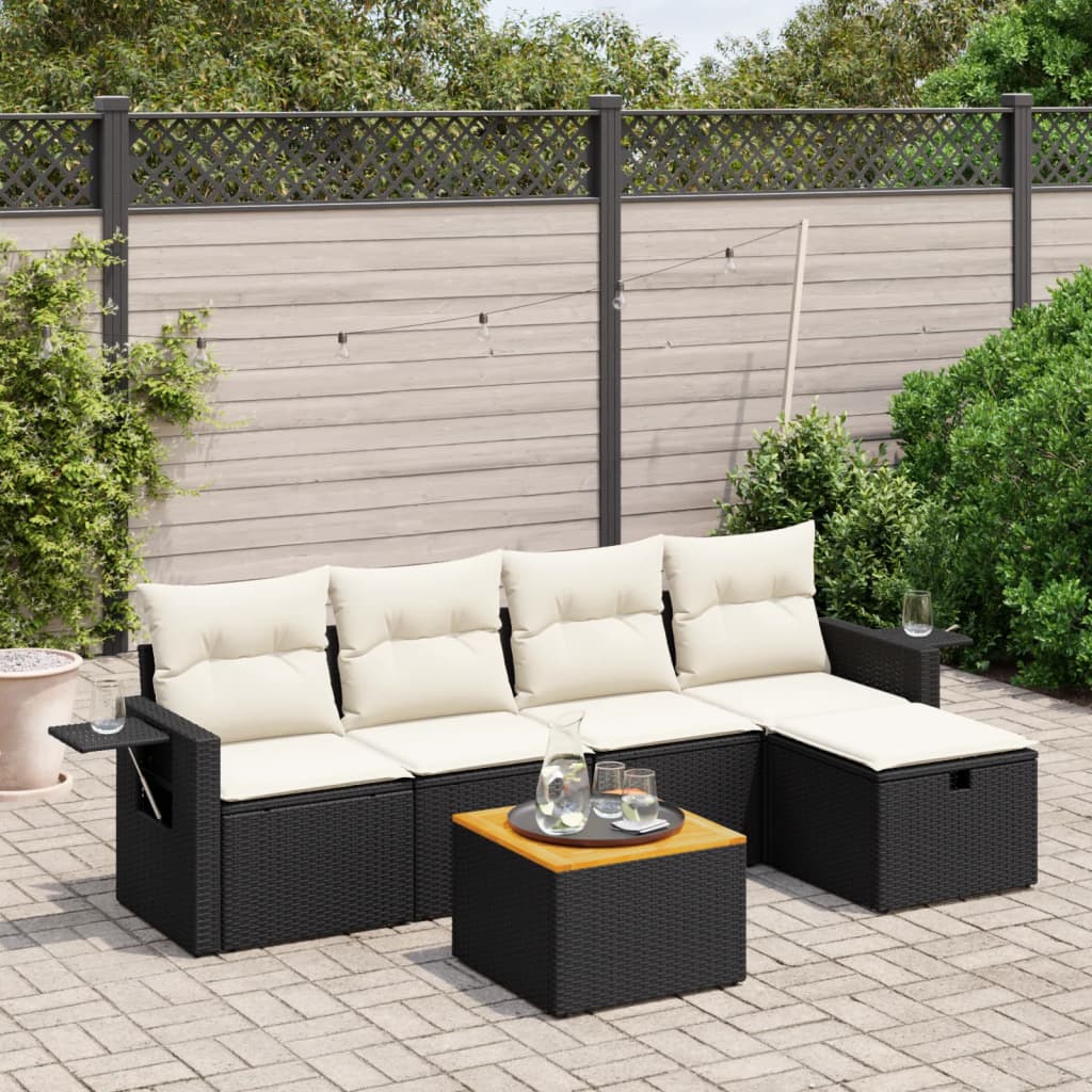 6-tlg. Garten-Sofagarnitur mit Kissen Schwarz Poly Rattan