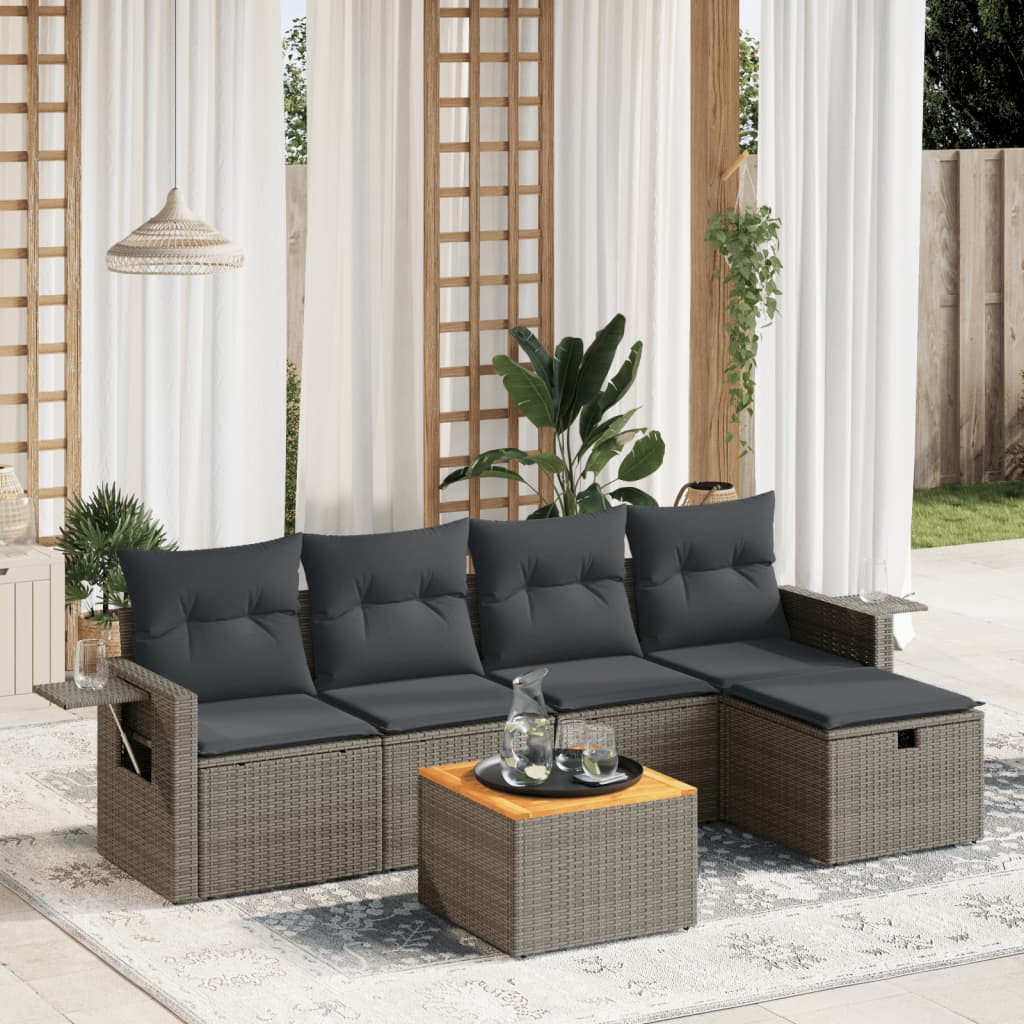 6-tlg. Garten-Sofagarnitur mit Kissen Grau Poly Rattan