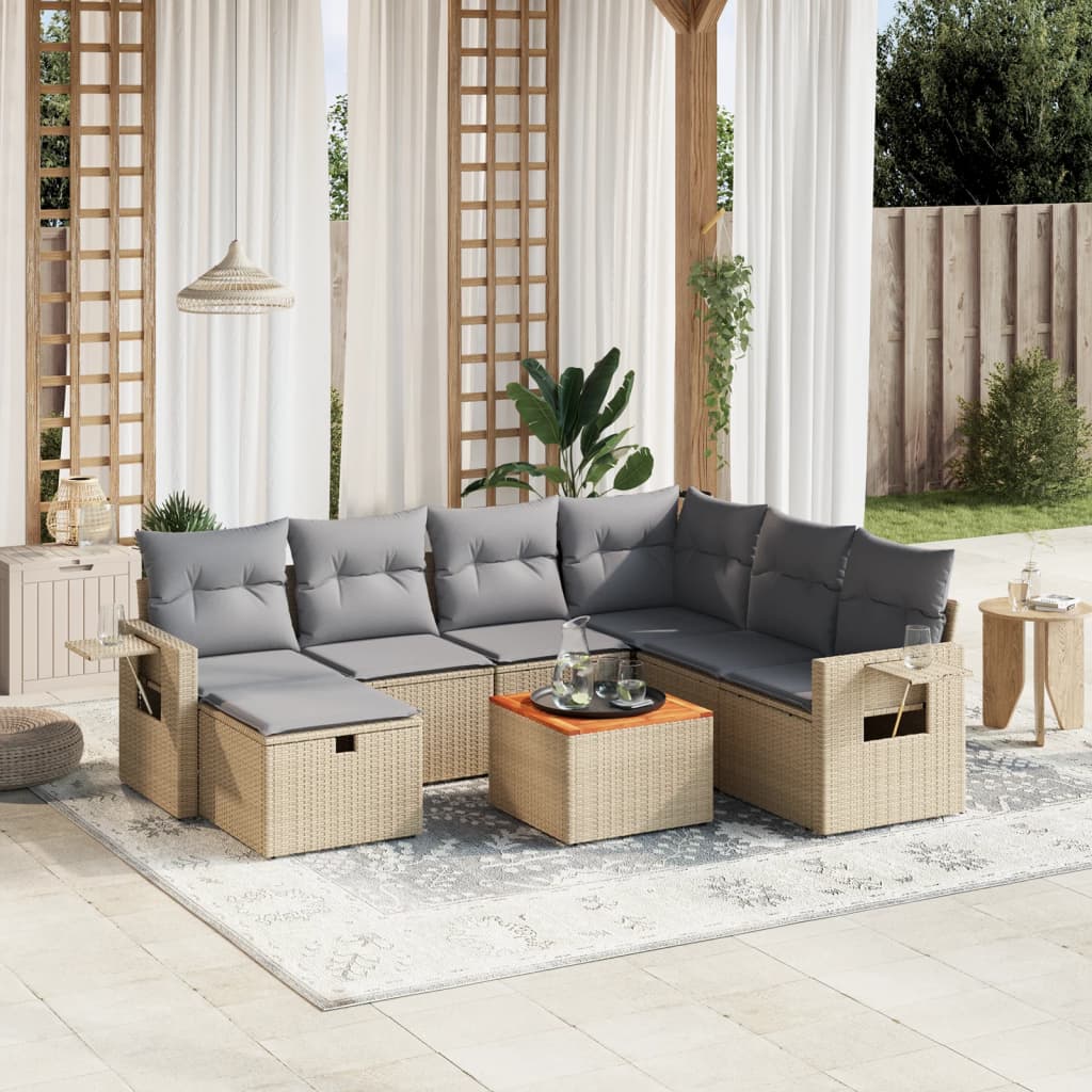 8-tlg. Garten-Sofagarnitur mit Kissen Beige Poly Rattan