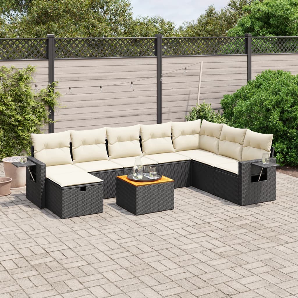 9-tlg. Garten-Sofagarnitur mit Kissen Schwarz Poly Rattan