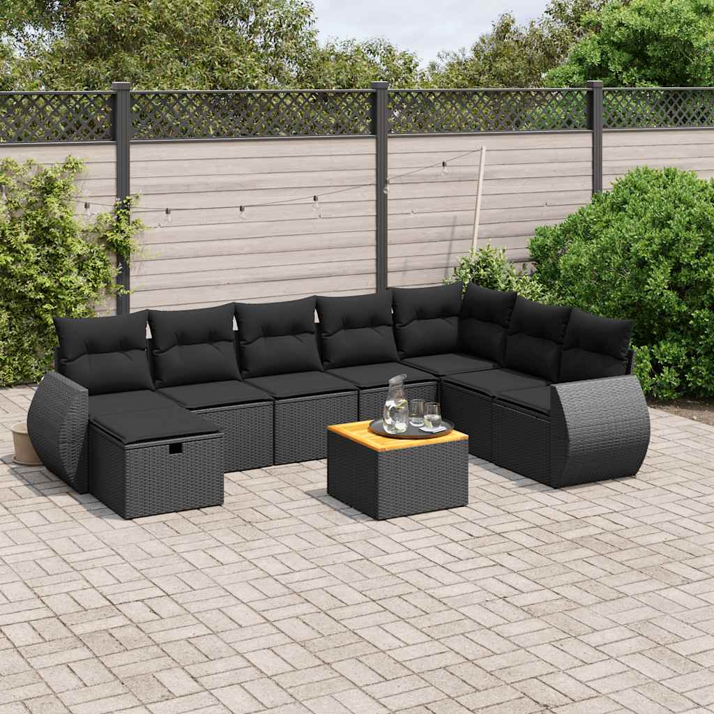 9-tlg. Garten-Sofagarnitur mit Kissen Schwarz Poly Rattan