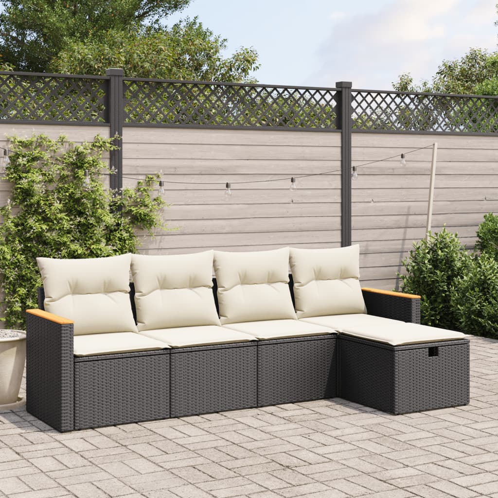 5-tlg. Garten-Sofagarnitur mit Kissen Schwarz Poly Rattan