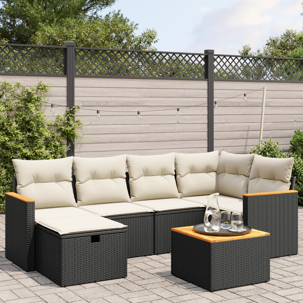 7-tlg. Garten-Sofagarnitur mit Kissen Schwarz Poly Rattan