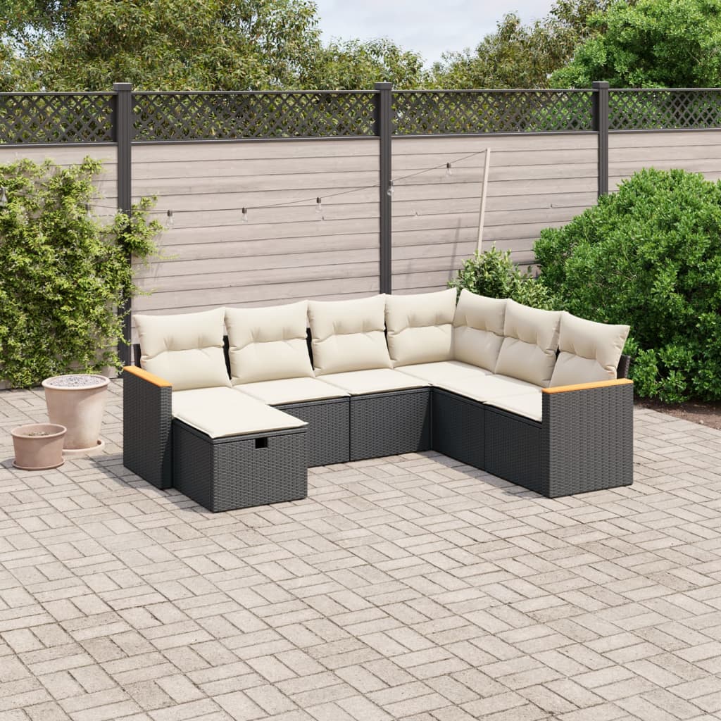 7-tlg. Garten-Sofagarnitur mit Kissen Schwarz Poly Rattan