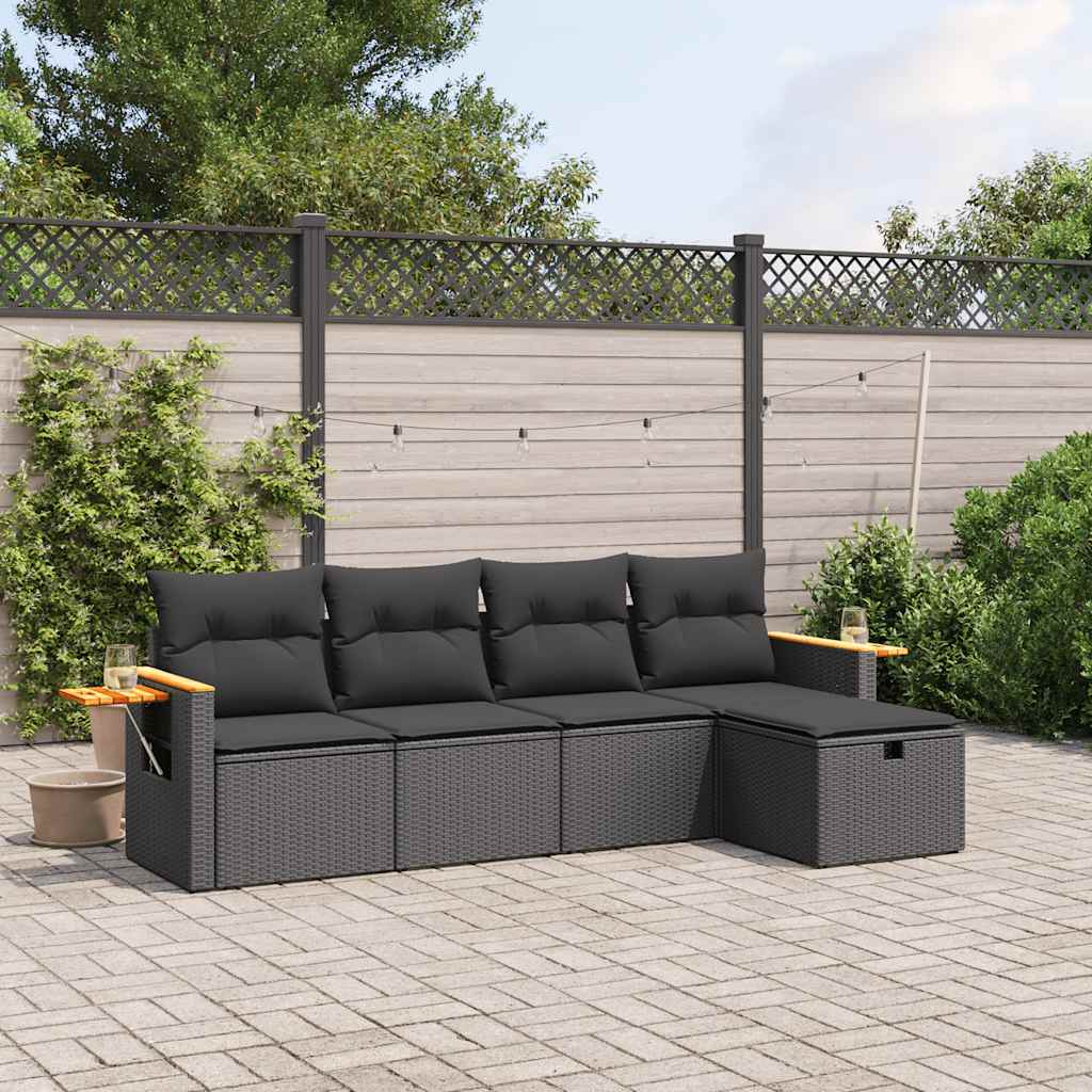 5-tlg. Garten-Sofagarnitur mit Kissen Schwarz Poly Rattan