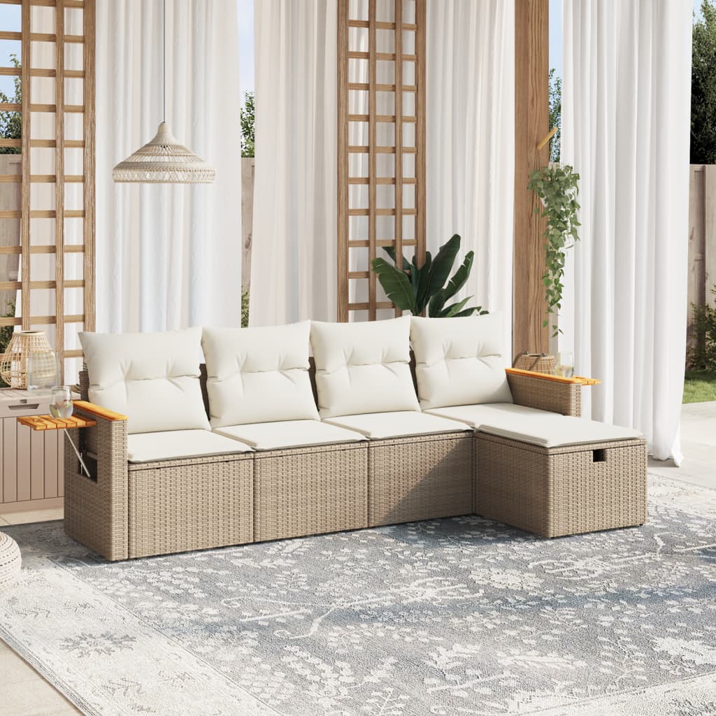 5-tlg. Garten-Sofagarnitur mit Kissen Beige Poly Rattan