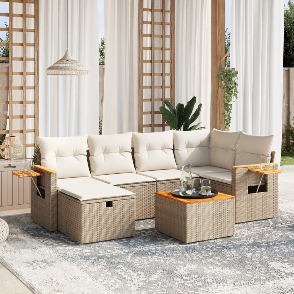 7-tlg. Garten-Sofagarnitur mit Kissen Beige Poly Rattan