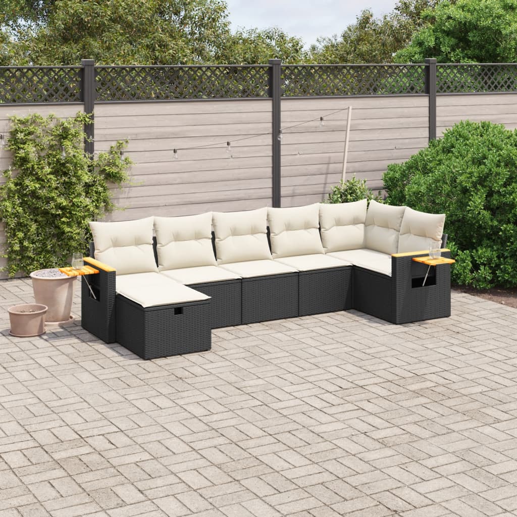 7-tlg. Garten-Sofagarnitur mit Kissen Schwarz Poly Rattan