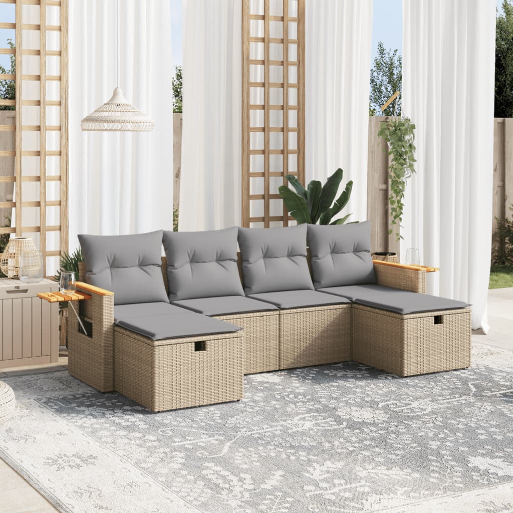 6-tlg. Garten-Sofagarnitur mit Kissen Beige Poly Rattan