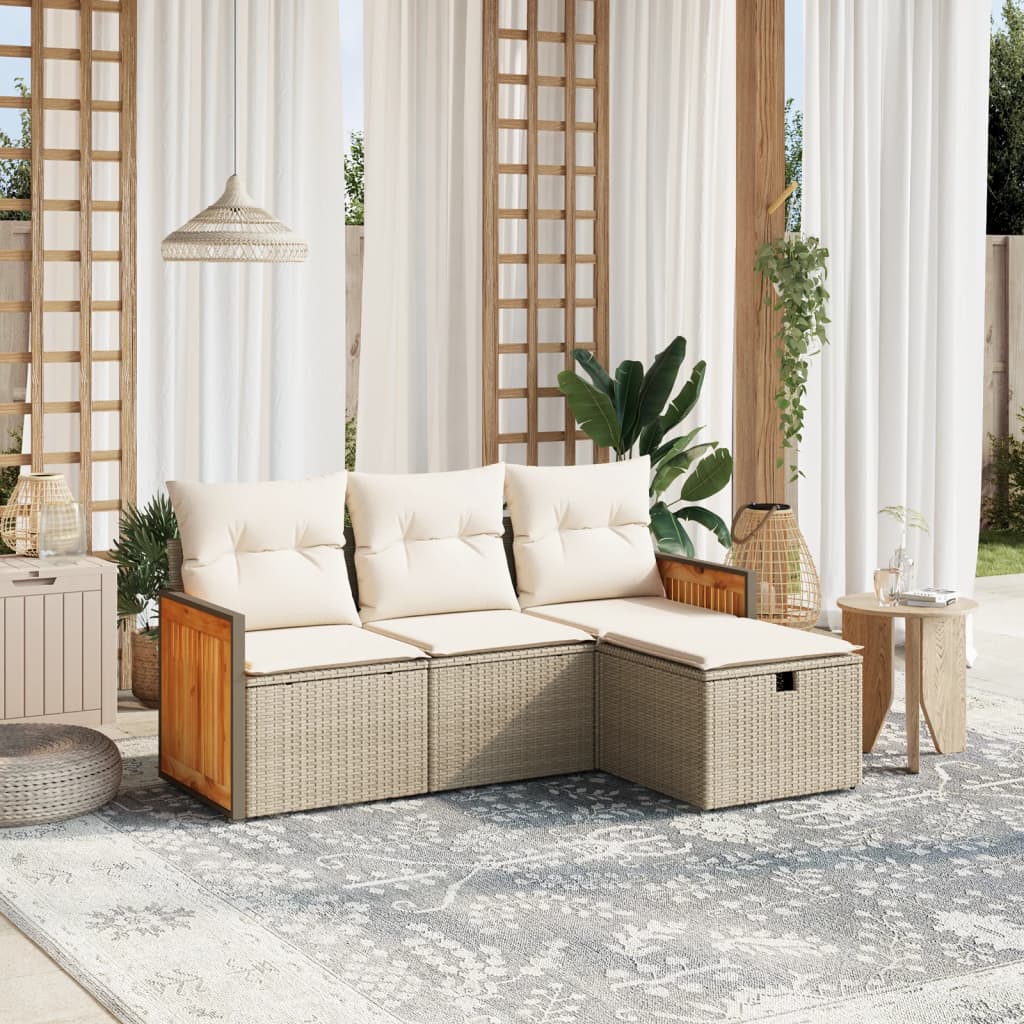 4-tlg. Garten-Sofagarnitur mit Kissen Beige Poly Rattan