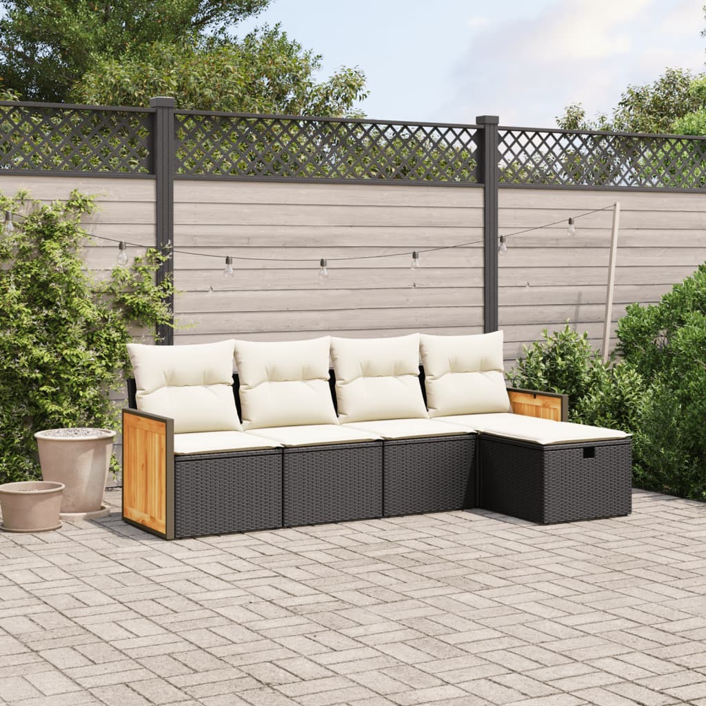 5-tlg. Garten-Sofagarnitur mit Kissen Schwarz Poly Rattan