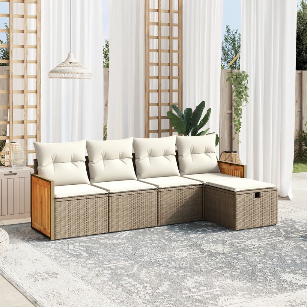 5-tlg. Garten-Sofagarnitur mit Kissen Beige Poly Rattan
