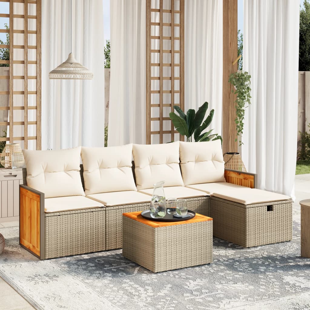 6-tlg. Garten-Sofagarnitur mit Kissen Beige Poly Rattan