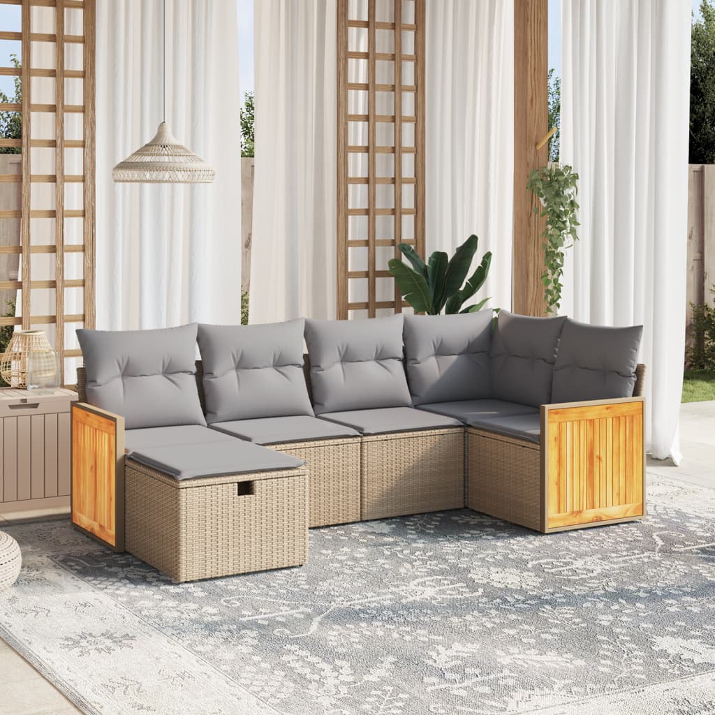 6-tlg. Garten-Sofagarnitur mit Kissen Beige Poly Rattan