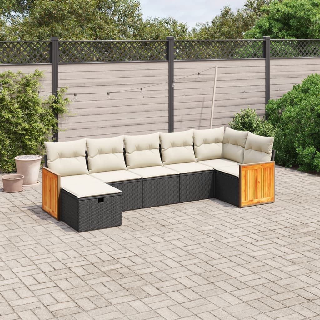 7-tlg. Garten-Sofagarnitur mit Kissen Schwarz Poly Rattan