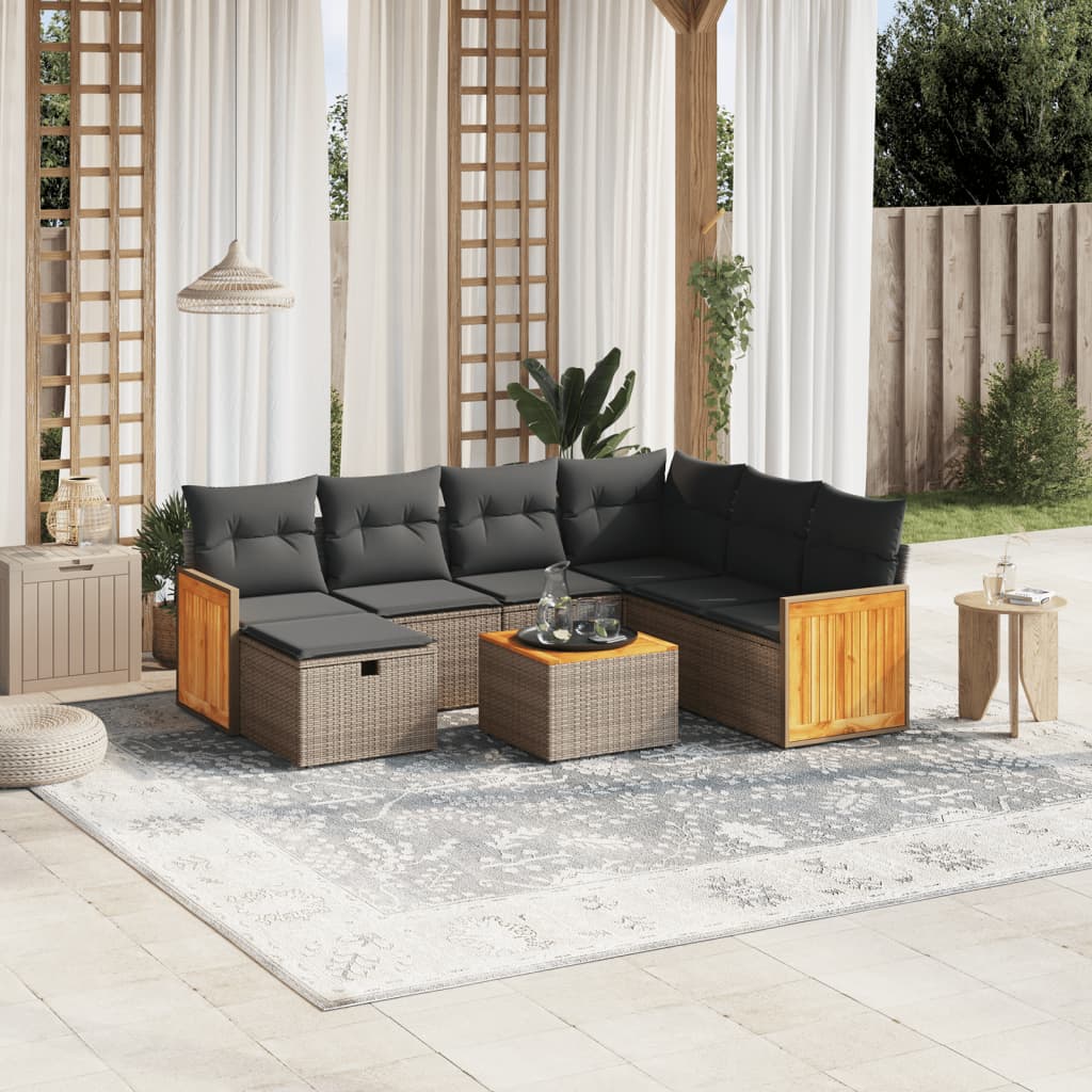 8-tlg. Garten-Sofagarnitur mit Kissen Grau Poly Rattan