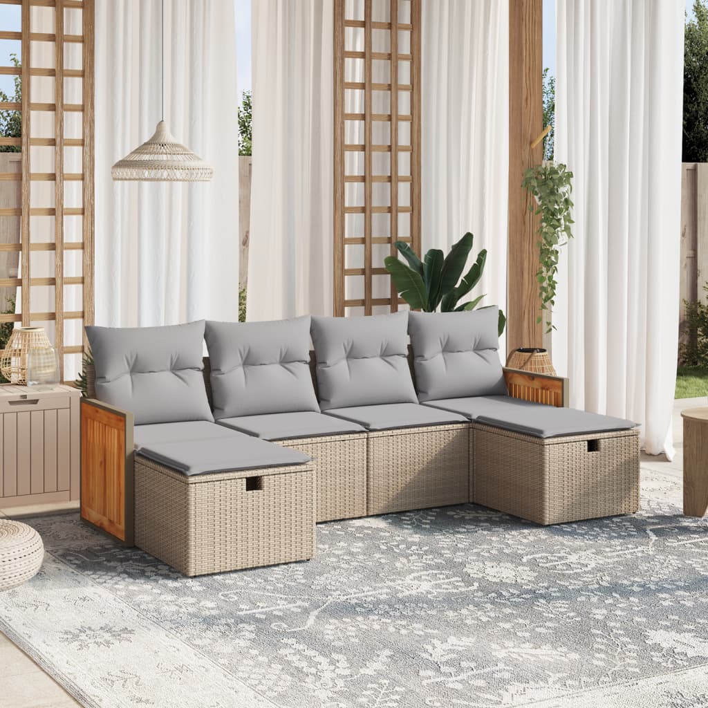 6-tlg. Garten-Sofagarnitur mit Kissen Beige Poly Rattan
