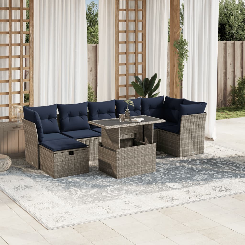 8-teiliges Gartensofa-Set mit Kissen, grau, Polyrattan