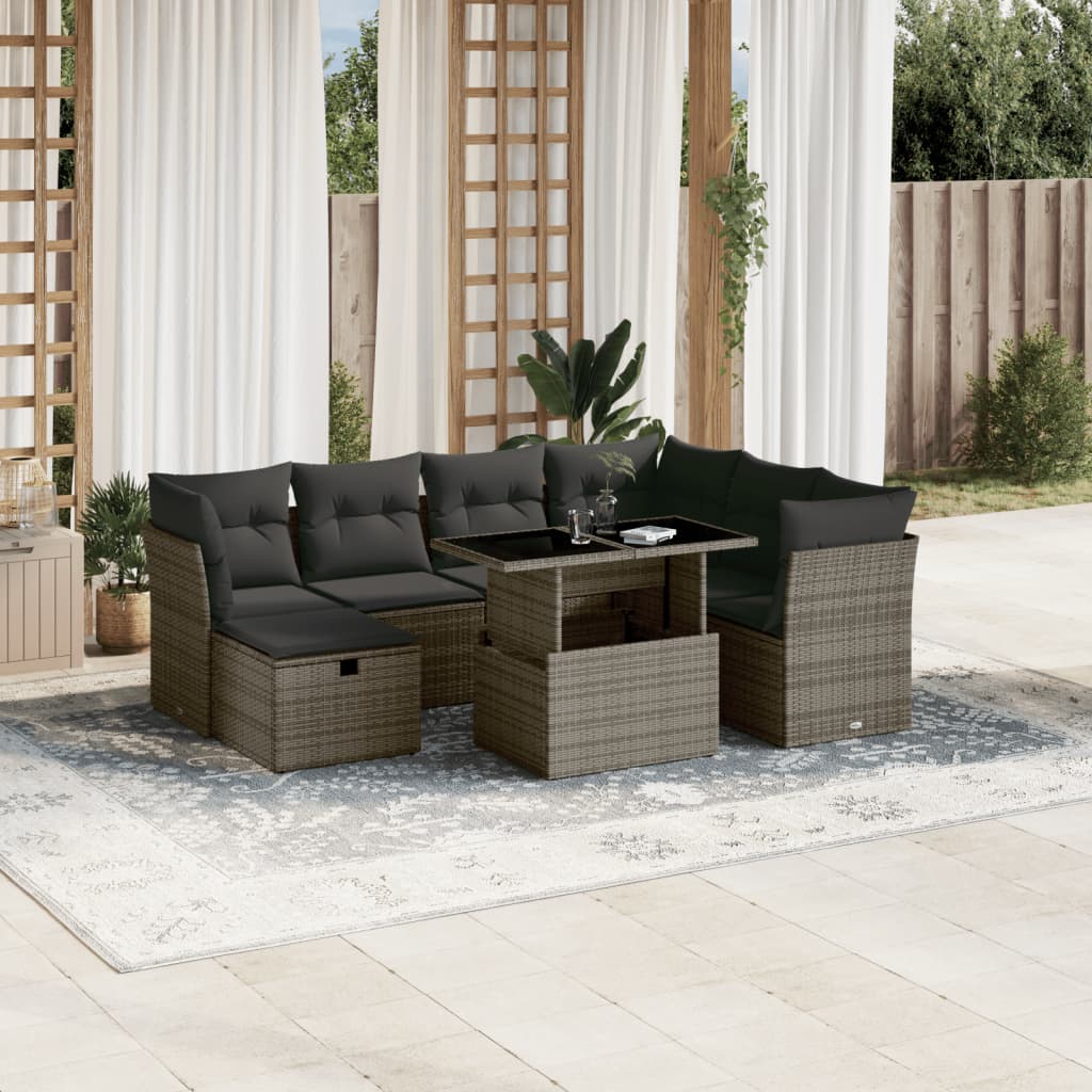 8-tlg. Garten-Sofagarnitur mit Kissen Grau Poly Rattan