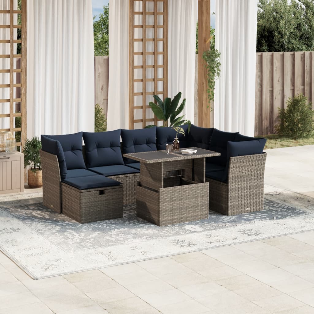 8-teiliges Gartensofa-Set mit Kissen, grau, Polyrattan