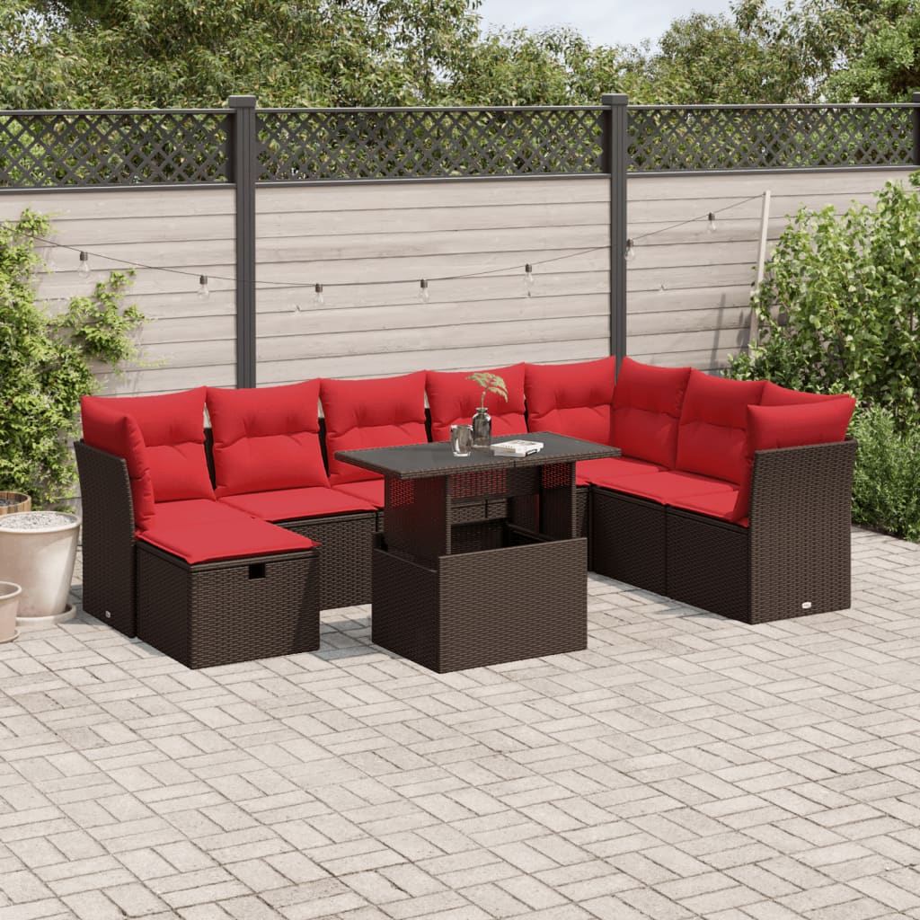 9-teiliges Gartensofa-Set mit Kissen, braun, Polyrattan
