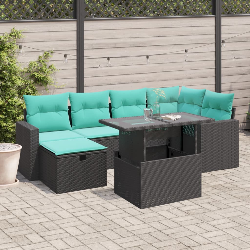 7-teiliges Gartensofa-Set mit Kissen, schwarzes Polyrattan