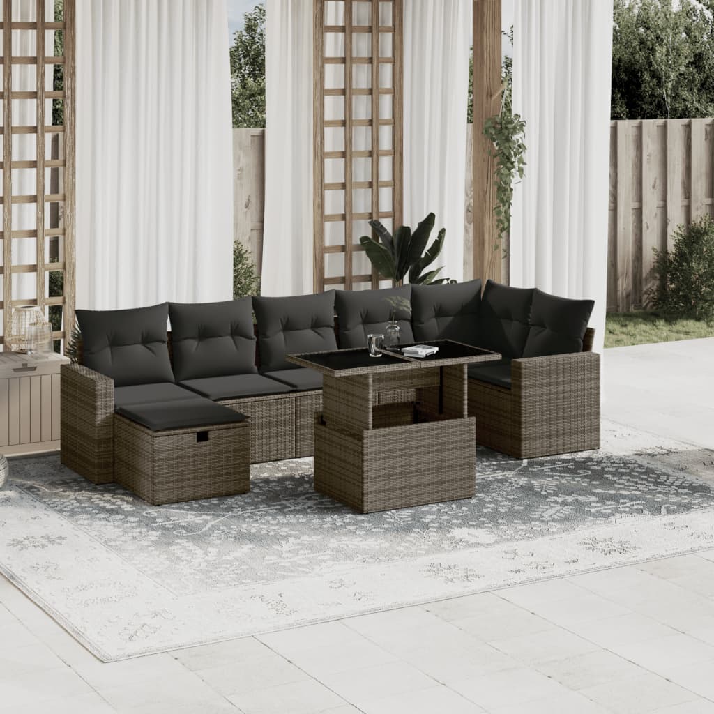 8-tlg. Garten-Sofagarnitur mit Kissen Grau Poly Rattan
