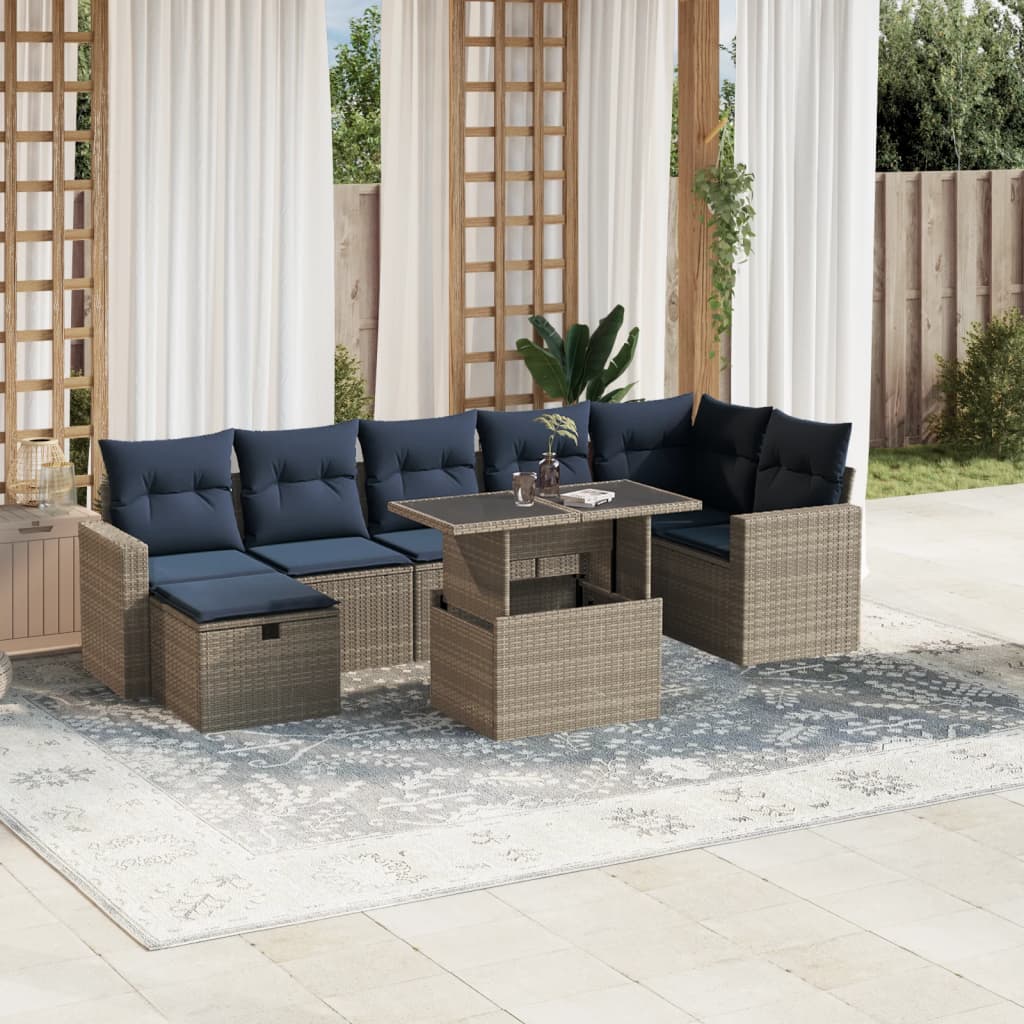 8-teiliges Gartensofa-Set mit Kissen, grau, Polyrattan