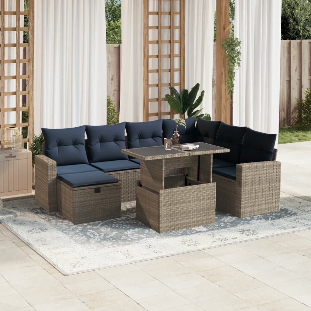 8-teiliges Gartensofa-Set mit Kissen, grau, Polyrattan