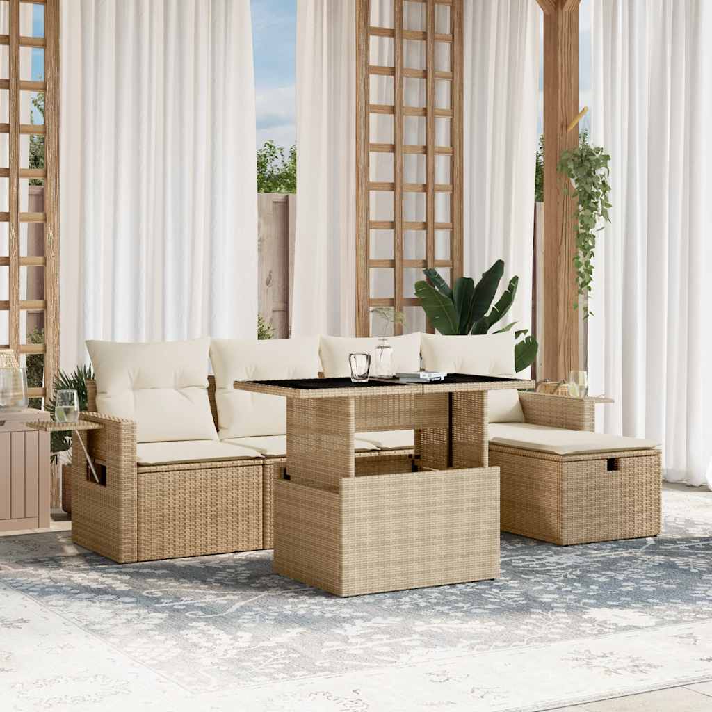 6-tlg. Garten-Sofagarnitur mit Kissen Beige Poly Rattan