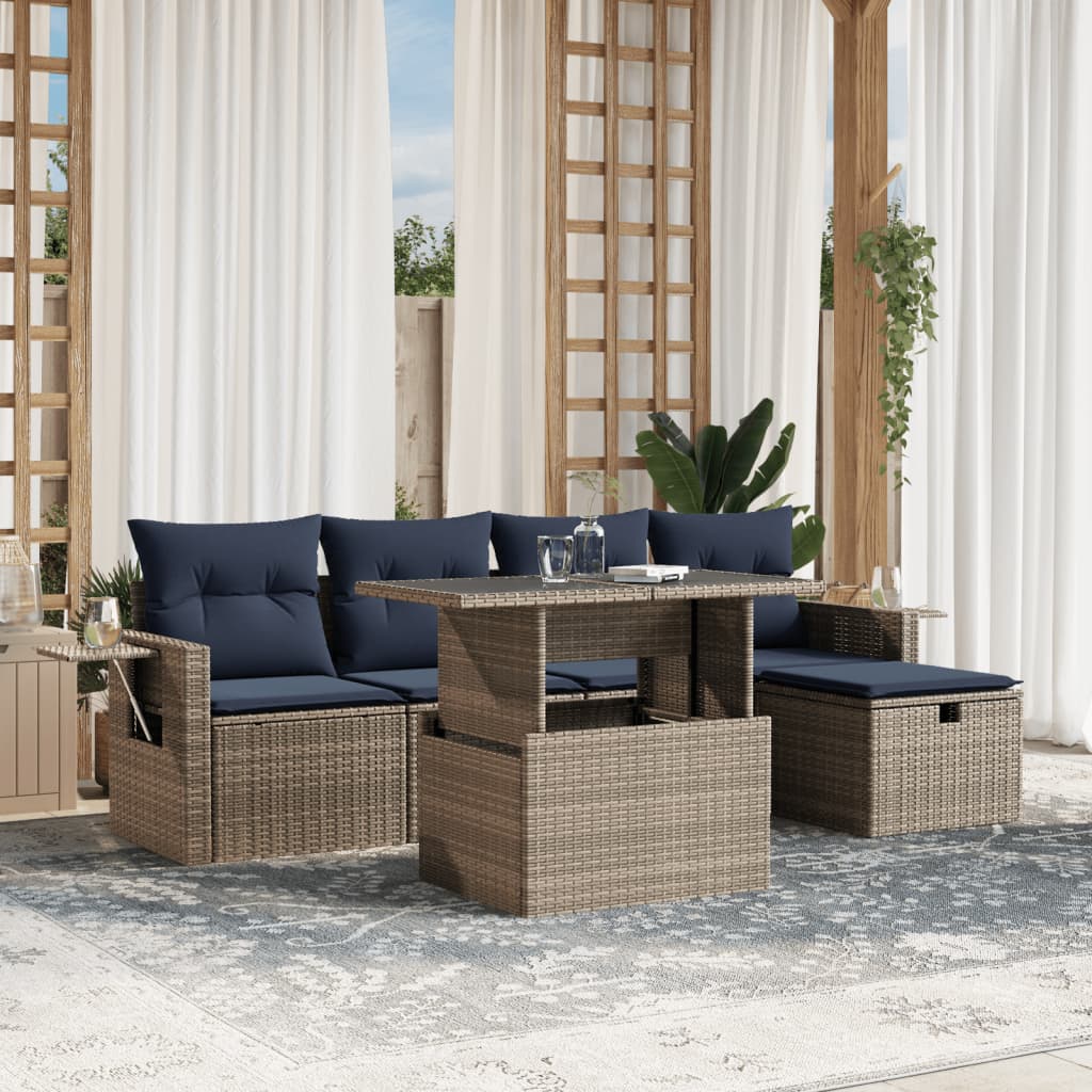 6-teiliges Gartensofa-Set mit Kissen, grau, Polyrattan