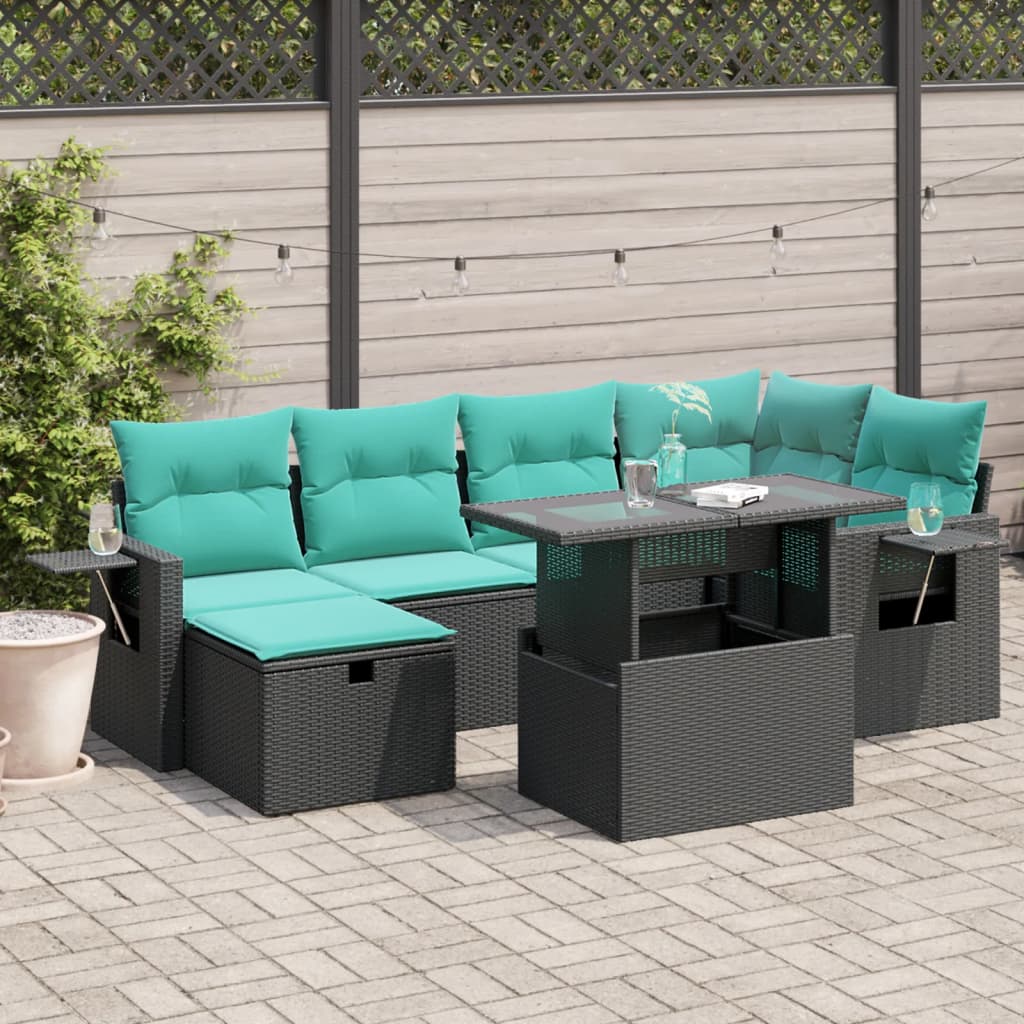 7-teiliges Gartensofa-Set mit Kissen, schwarzes Polyrattan