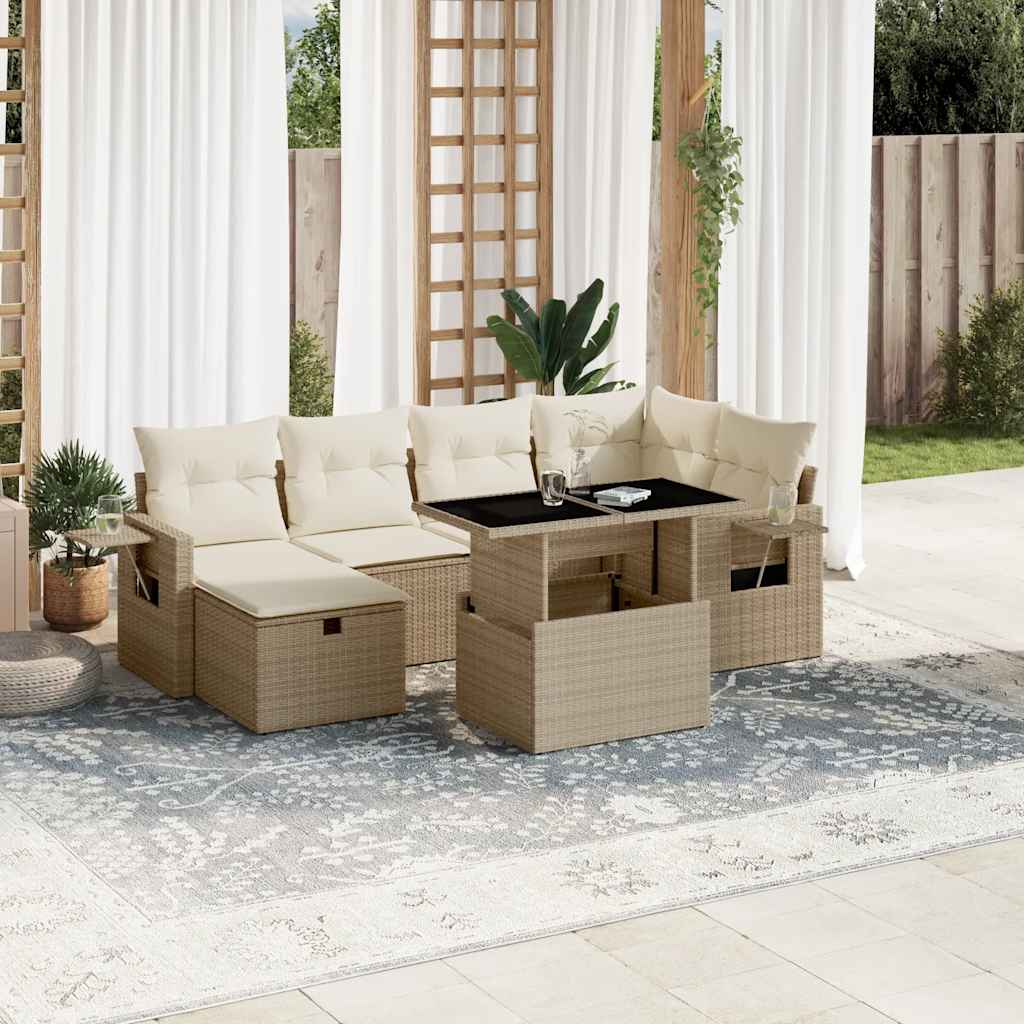 7-tlg. Garten-Sofagarnitur mit Kissen Beige Poly Rattan