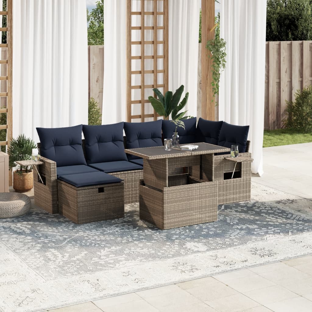 7-teiliges Gartensofa-Set mit Kissen, grau, Polyrattan