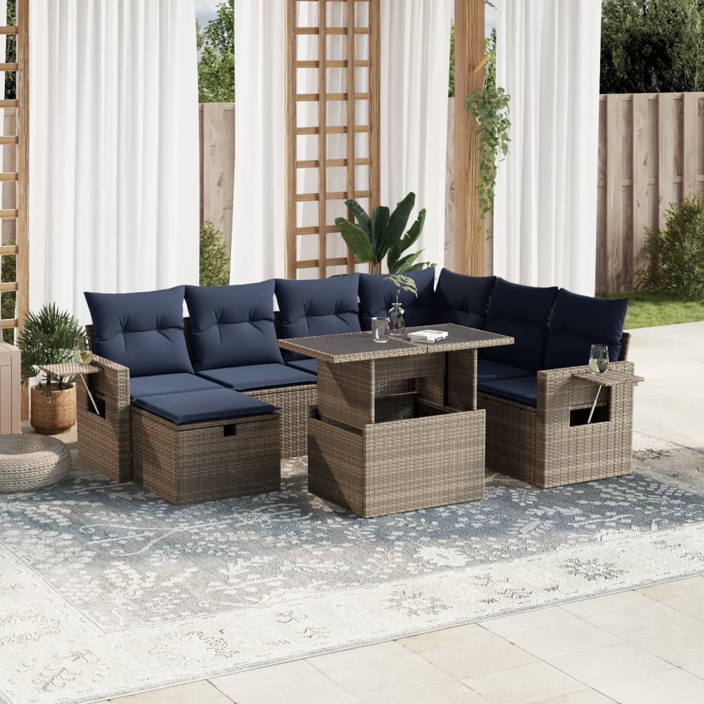 8-teiliges Gartensofa-Set mit Kissen, grau, Polyrattan